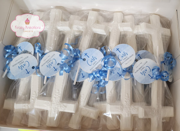 Chocolate Cross Lollipops – Milk, Dark, or White Chocolate with Gold, Silver, or Rose Gold Splatter