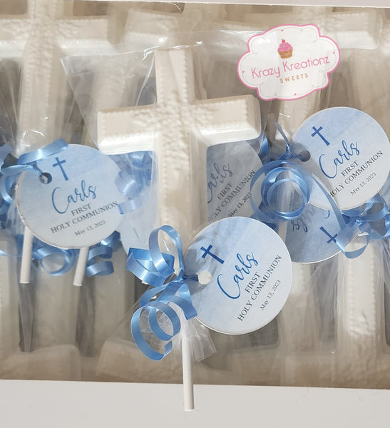 Chocolate Cross Lollipops – Milk, Dark, or White Chocolate with Gold, Silver, or Rose Gold Splatter