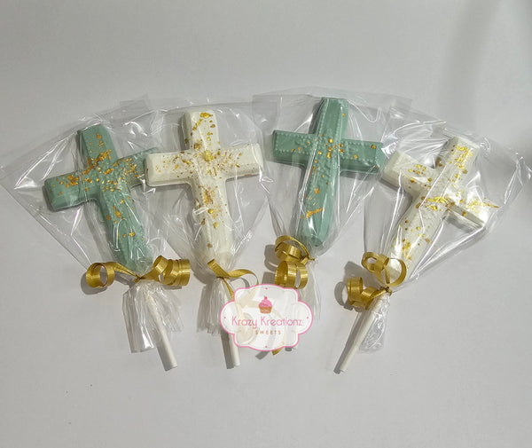 Chocolate Cross Lollipops – Milk, Dark, or White Chocolate with Gold, Silver, or Rose Gold Splatter