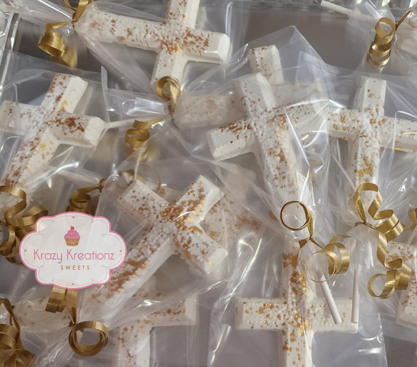Chocolate Cross Lollipops – Milk, Dark, or White Chocolate with Gold, Silver, or Rose Gold Splatter