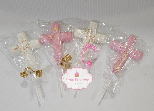 Chocolate Cross Lollipops – Milk, Dark, or White Chocolate with Gold, Silver, or Rose Gold Splatter