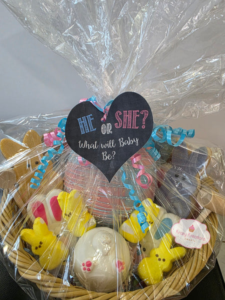 Gender Reveal Breakable Chocolate Egg Gift Basket – He or She Baby Reveal Treat Box