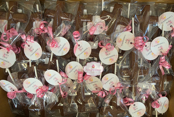Chocolate Cross Lollipops – Milk, Dark, or White Chocolate with Gold, Silver, or Rose Gold Splatter