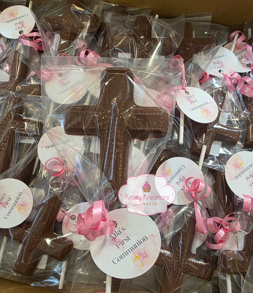 Chocolate Cross Lollipops – Milk, Dark, or White Chocolate with Gold, Silver, or Rose Gold Splatter