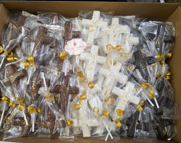 Chocolate Cross Lollipops – Milk, Dark, or White Chocolate with Gold, Silver, or Rose Gold Splatter