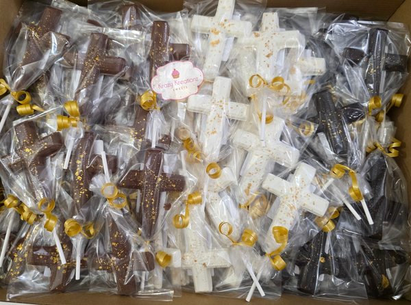 Chocolate Cross Lollipops – Milk, Dark, or White Chocolate with Gold, Silver, or Rose Gold Splatter