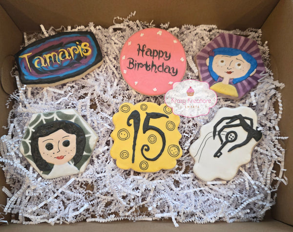 Coraline-Inspired Custom Sugar Cookie Set | 1 Dozen Hand-Decorated Birthday Cookies