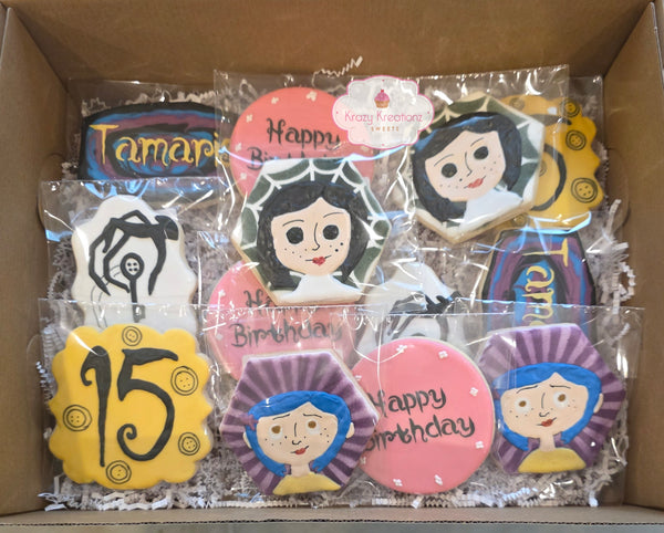Coraline-Inspired Custom Sugar Cookie Set | 1 Dozen Hand-Decorated Birthday Cookies
