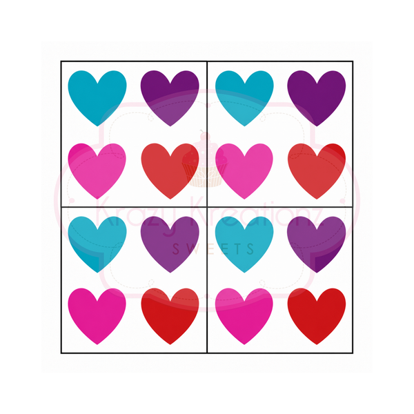 A square sheet featuring 12 heart-shaped stickers arranged in a 4x3 grid. The hearts come in four colors: teal, purple, pink, and red, with each color appearing three times.