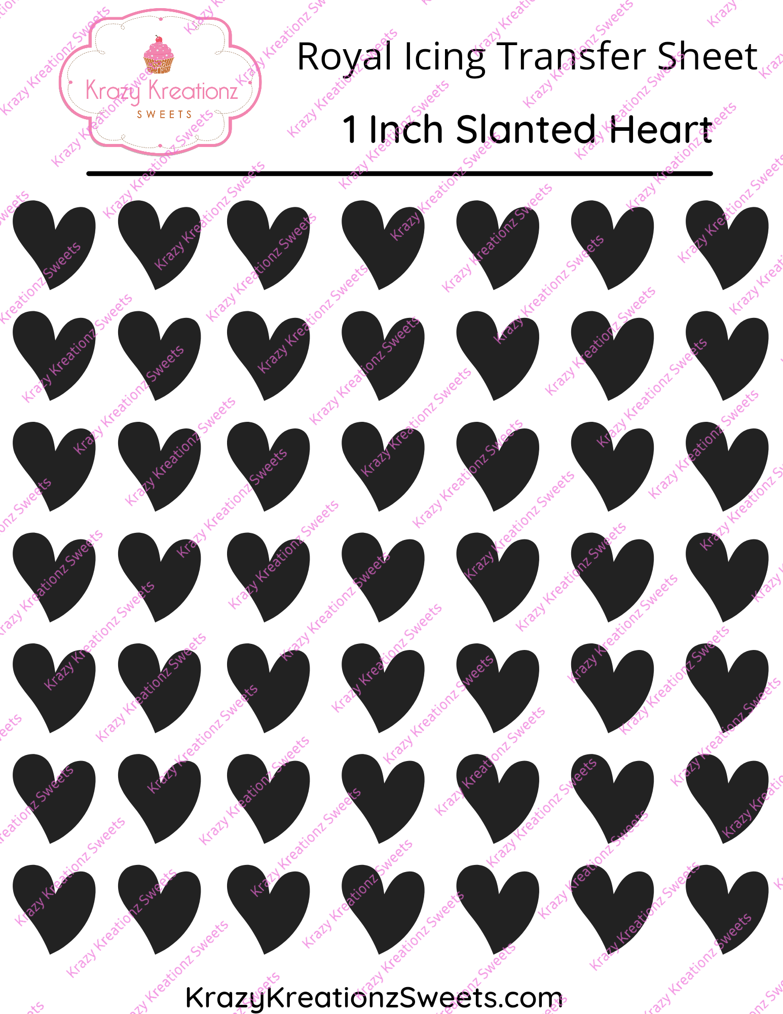 1 inch Slanted Heart Royal Icing Transfer Sheet